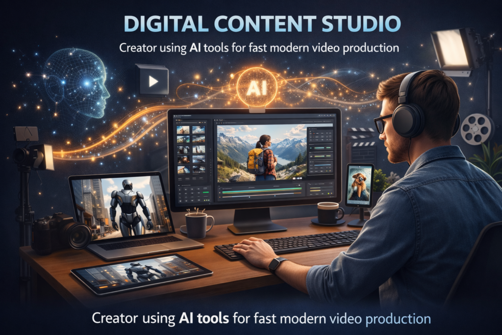 Creator-in-digital-content-studio-setup-1024x683 AI-Created Video Explosion: The Future of Content Creation With the Help of AI-Based Programs such as Open AI Sora.